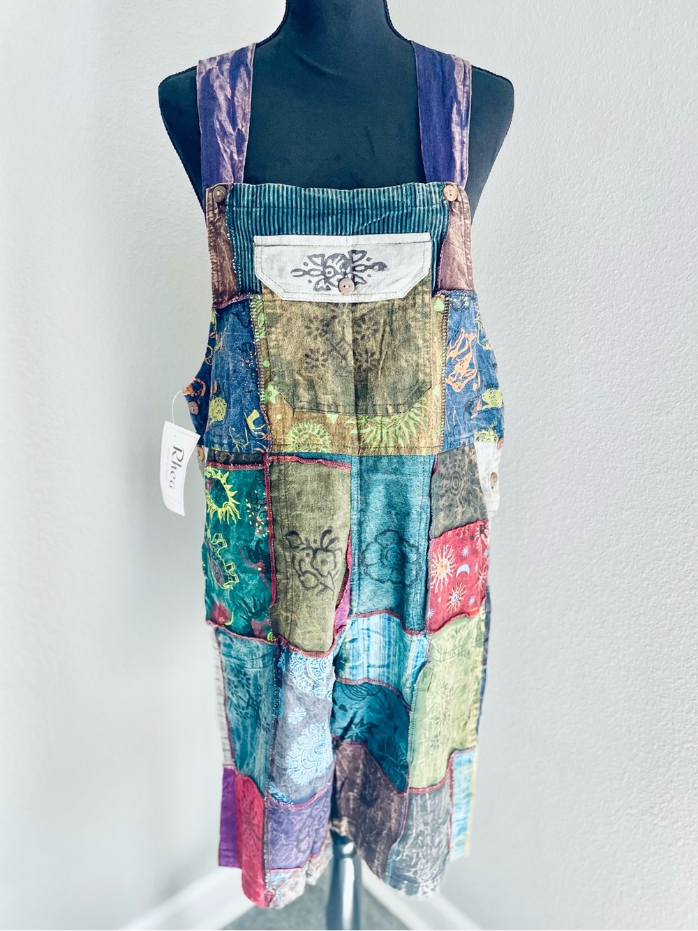 Boho Patchwork Cotton Overall Shorts (L)